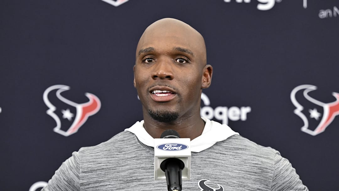 Jun 10, 2025; Houston, TX, USA; Houston Texans head coach DeMeco Ryans speaks during a press conference after an NFL football minicamp at NRG Stadium. Mandatory Credit: Maria Lysaker-Imagn Images 