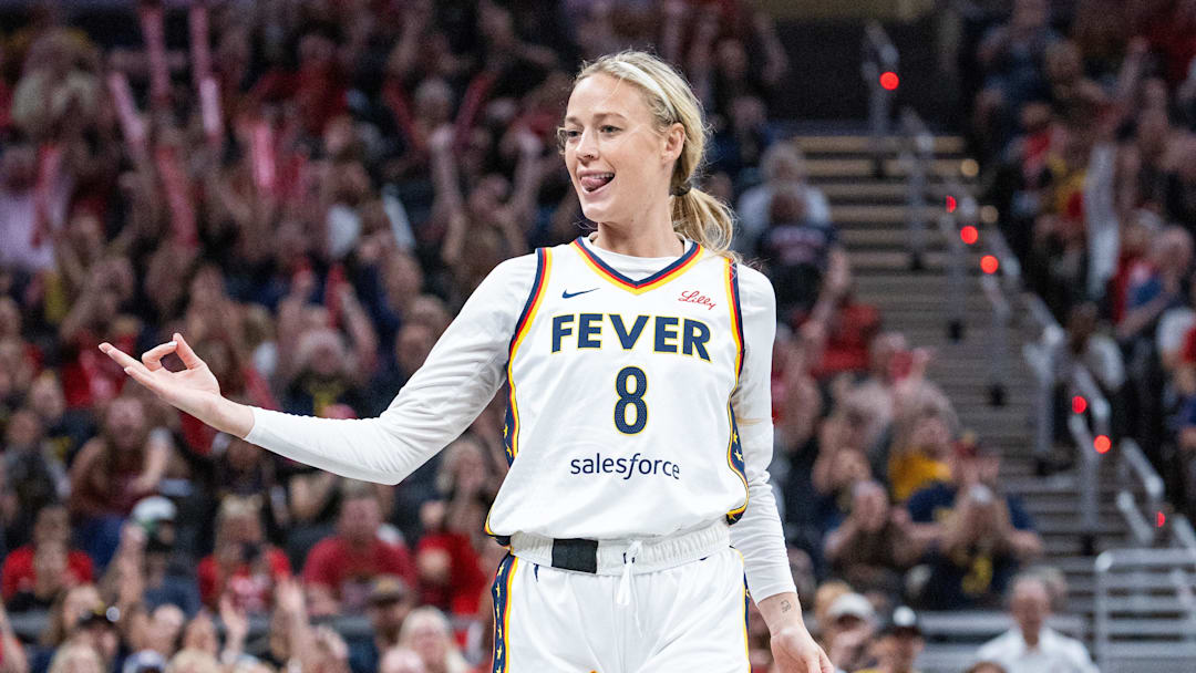 Jul 9, 2025; Indianapolis, Indiana, USA; Indiana Fever guard Sophie Cunningham (8) celebrates a made basket in the first half against Golden State Valkyries  at Gainbridge Fieldhouse. Mandatory Credit: Trevor Ruszkowski-Imagn Images