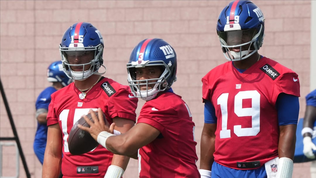 East Rutherford, NJ -- June 5, 2025 -- Quarterbacks, JTommy DeVito, Russell Wilson and Jameis Winston as the New York Giants players participate in their 2025 OTAÕs at the Quest Diagnostic Giants Training Center in East Rutherford.