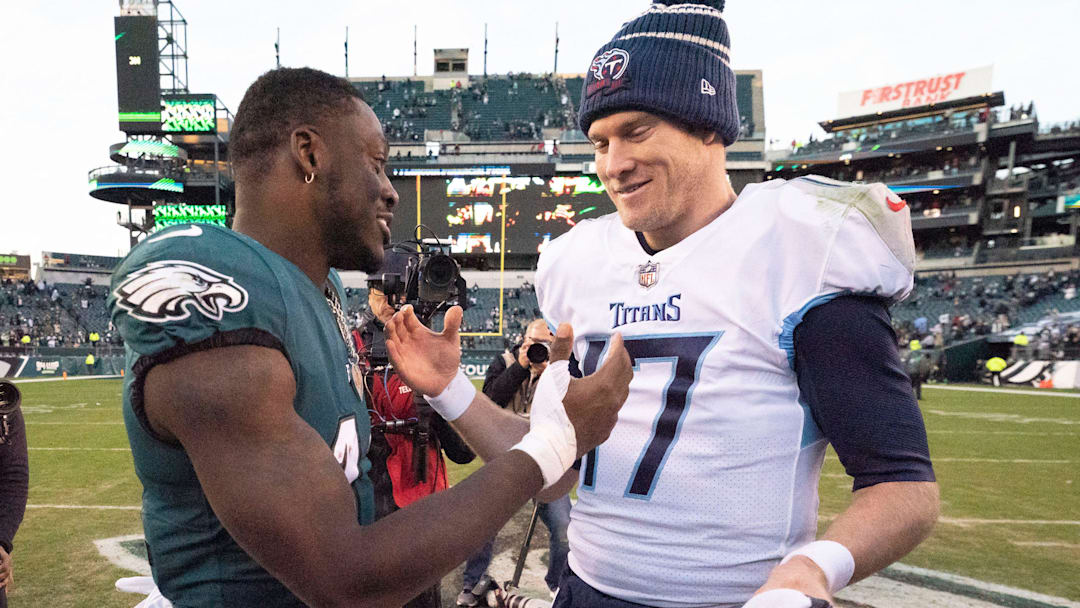 Philadelphia Eagles wide receiver A.J. Brown (11) and Tennessee Titans quarterback Ryan Tannehill (17) great each other after their game at Lincoln Financial Field Sunday, Dec. 4, 2022, in Philadelphia, Pa. The Philadelphia Eagles defeated the Tennessee Titans 35 to 10.

Nfl Tennessee Titans At Philadelphia Eagles