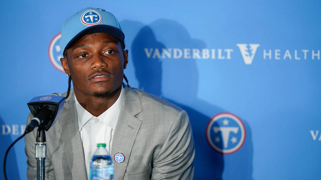 Wide receiver Carnell Tate takes questions at the Titans' practice facility in Nashville, Tenn., Friday, April 24, 2026. He was the Titans first draft pick for 2026.
