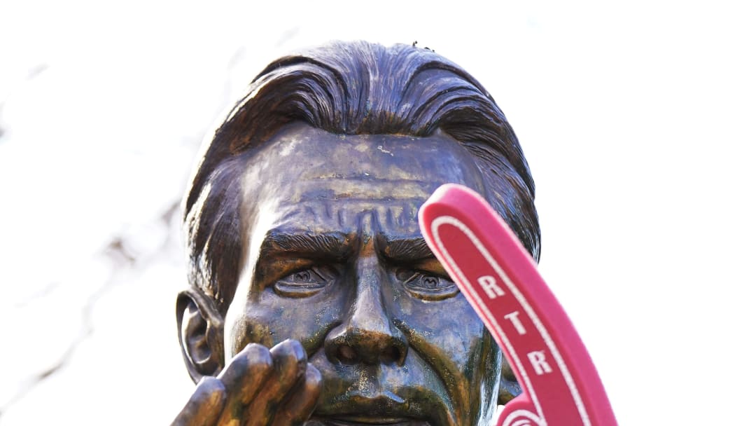 Jan 13, 2024; Tuscaloosa, AL, USA; Fans placed a foam finger attached to the statue of University of Alabama football head coach Nick Saban on the Walk of Champions outside Bryant-Denny Stadium after the team introduced their new head football coach Kalen DeBoer (not pictured) at Bryant-Denny Stadium. Mandatory Credit: John David Mercer-USA TODAY Sports
