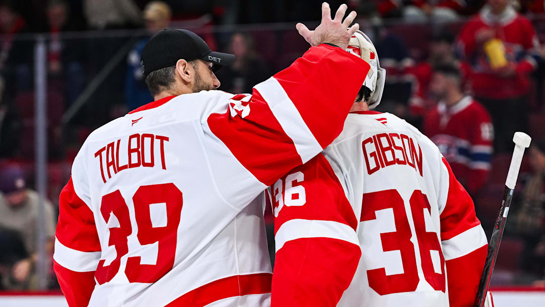 Jan 10, 2026; Montreal, Quebec, CAN; Detroit Red Wings goalie Cam Talbot (39) congratulates goalie John Gibson (36) for the win against the Montreal Canadiens after the end of the game at Bell Centre. Mandatory Credit: David Kirouac-Imagn Images