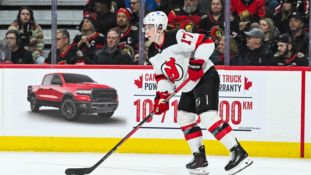 Jan 31, 2026; Ottawa, Ontario, CAN; New Jersey Devils defenseman Simon Nemec (17) plays the puck against the Ottawa Senators during the third period at Canadian Tire Centre. Mandatory Credit: David Kirouac-Imagn Images