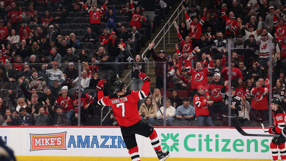 Mar 3, 2026; Newark, New Jersey, USA; New Jersey Devils defenseman Dougie Hamilton (7) celebrates his goal against the Florida Panthers during the second period at Prudential Center. Mandatory Credit: Ed Mulholland-Imagn Images