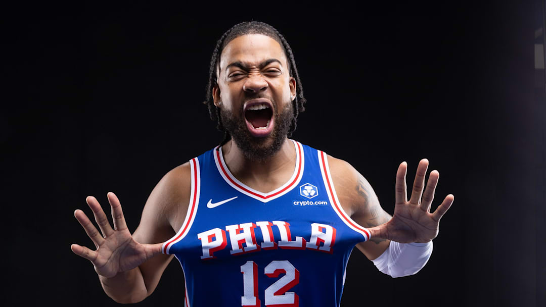 Sep 26, 2025; Camden, NJ, USA; Philadelphia 76ers Trendon Watford poses for a photo during media day. Mandatory Credit: Bill Streicher-Imagn Images