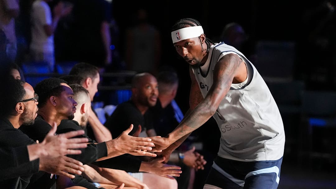 Grizzlies' Kentavious Caldwell-Pope (3) walks onto the court for open practice at the FedExForum on October 4, 2025, in Memphis, Tenn.