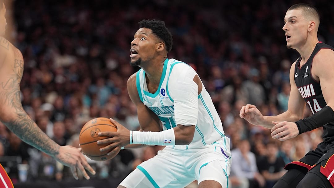 Charlotte Hornets forward Brandon Miller (24) shoots the ball against the Miami Heat during the second half 