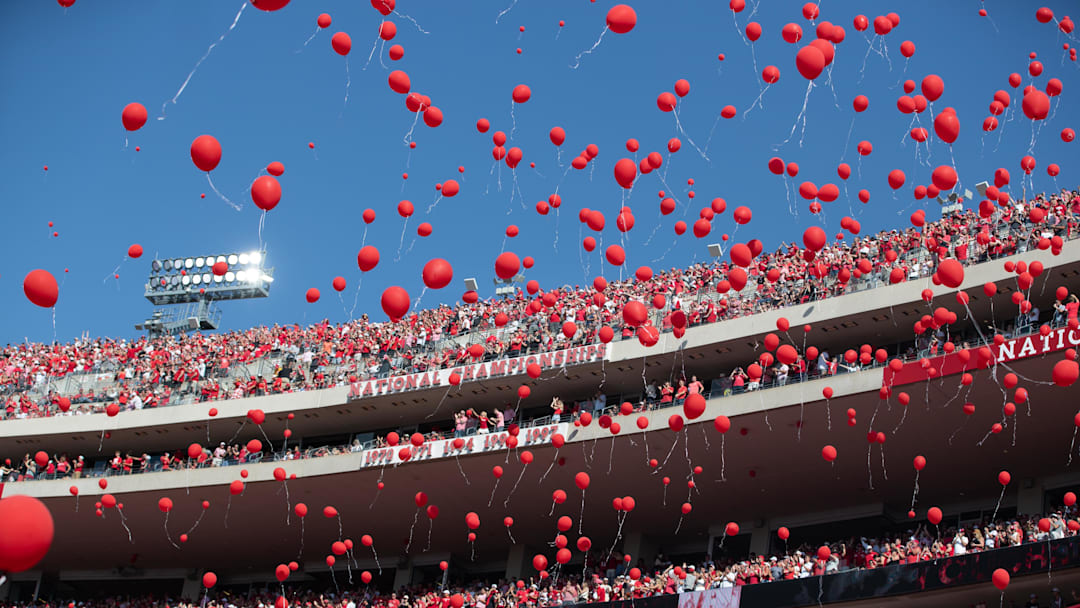 Oct 4, 2025; Lincoln, Nebraska, USA; Balloons are released after the first touchdown scored by the Nebraska Cornhuskers in the first quarter of the game against Michigan State at Memorial Stadium. 