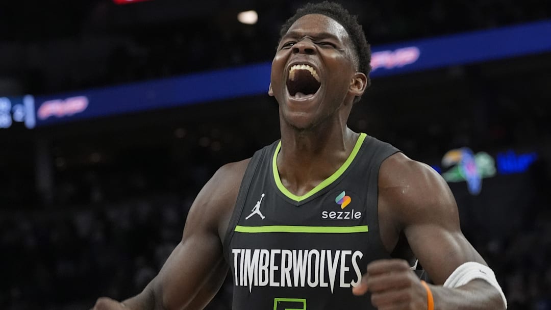 Minnesota Timberwolves guard Anthony Edwards celebrates a series of plays that extended their lead over the Orlando Magic late in the fourth quarter at Target Center in Minneapolis on March 14, 2025.