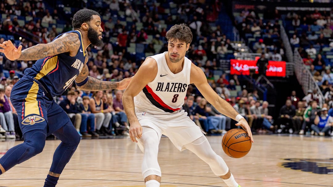 Nov 12, 2025; New Orleans, Louisiana, USA; Portland Trail Blazers forward Deni Avdija (8) dribbles against New Orleans Pelicans guard/forward Saddiq Bey (41) during the first half at Smoothie King Center. Mandatory Credit: Stephen Lew-Imagn Images Nov 12, 2025; New Orleans, Louisiana, USA; Portland Trail Blazers forward Deni Avdija (8) dribbles against New Orleans Pelicans guard/forward Saddiq Bey (41) during the first half at Smoothie King Center. Mandatory Credit: Stephen Lew-Imagn Images