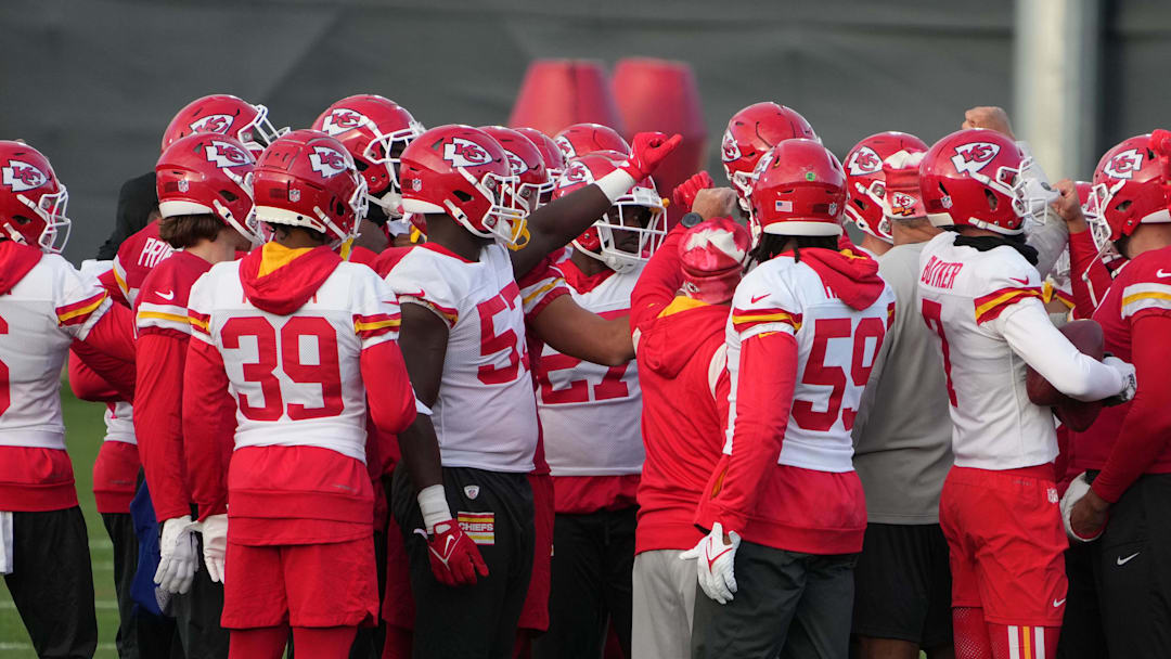 Nov 3, 2023; Frankfurt, Germany; Kansas City Chiefs players huddle during practice at DFB Campus. Mandatory Credit: Kirby Lee-Imagn Images