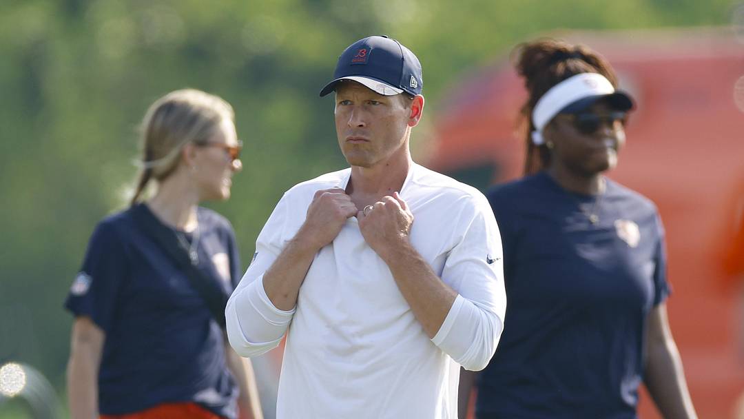 Jul 23, 2025; Lake Forest, IL, USA; Chicago Bears head coach Ben Johnson looks on during training camp at Halas Hall. Mandatory Credit: Kamil Krzaczynski-Imagn Images