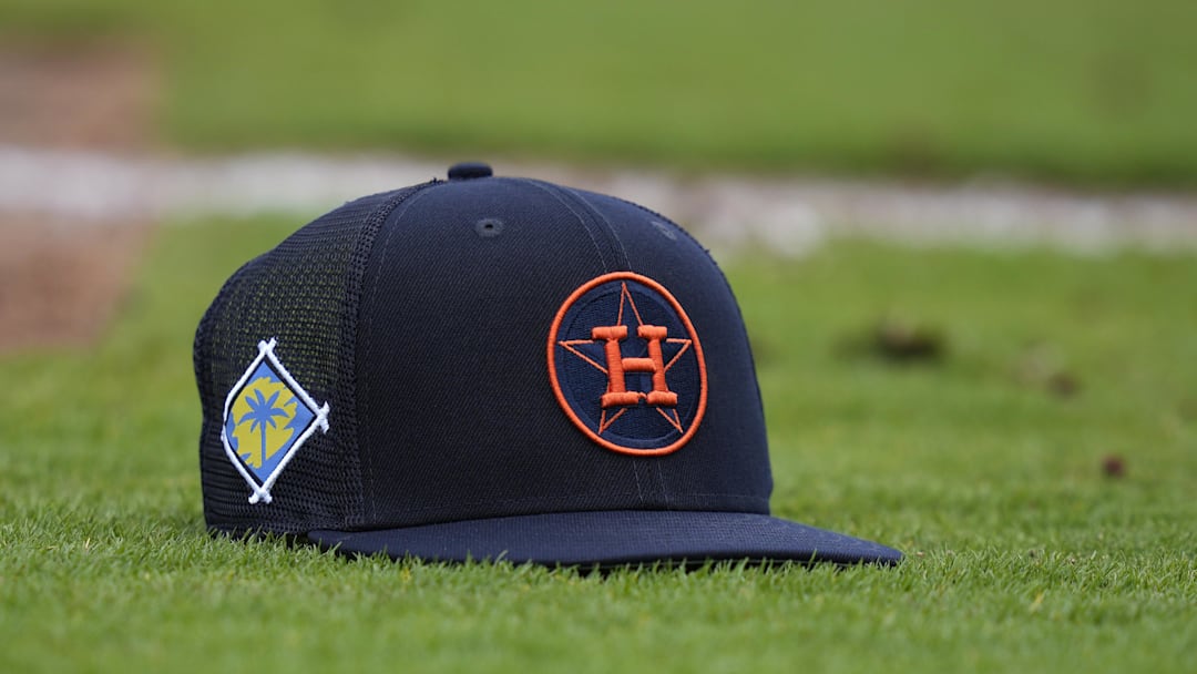 Mar 15, 2022; West Palm Beach, FL, USA; A general view of a Houston Astros cap on the field during spring training work outs at The Ballpark of the Palm Beaches.