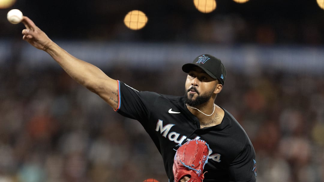 Apr 24, 2026; San Francisco, California, USA; Miami Marlins starting pitcher Sandy Alcantara (22) delivers a pitch against the San Francisco Giants during the sixth inning at Oracle Park. Mandatory Credit: D. Ross Cameron-Imagn Images