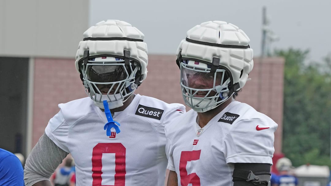 East Rutherford, NJ -- July 24, 2024 -- Outside linebackers Brian Burns and Kayvon Thibodeaux during the first day of training camp for the 2024 New York Giants.