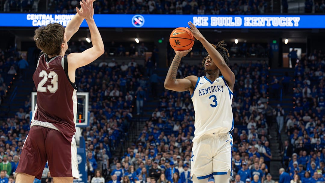 Kentucky Wildcats guard Kam Williams (3) hit eight 3-pointers, scoring a career-high 26 points, as the Wildcats defeated the Bellarmine Knights at Rupp Arena in Lexington, Kentucky, on Dec. 23, 2025.