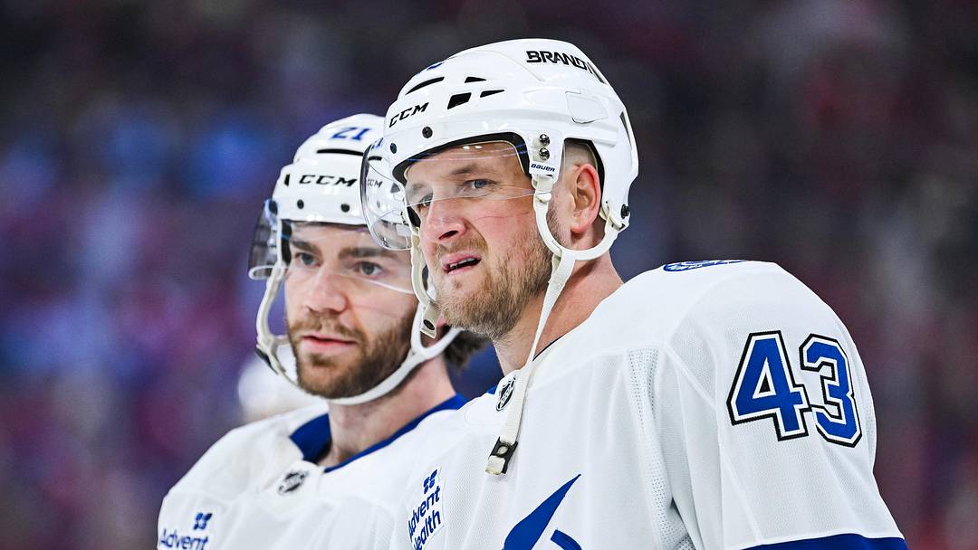 Apr 26, 2026; Montreal, Quebec, CAN; Tampa Bay Lightning defenseman Darren Raddysh (43) looks on beside center Brayden Point (21) during warm-up before the game against the Montreal Canadiens in game four of the first round of the 2026 Stanley Cup Playoffs at Bell Centre. Mandatory Credit: David Kirouac-Imagn Images Apr 26, 2026; Montreal, Quebec, CAN; Tampa Bay Lightning defenseman Darren Raddysh (43) looks on beside center Brayden Point (21) during warm-up before the game against the Montreal Canadiens in game four of the first round of the 2026 Stanley Cup Playoffs at Bell Centre. Mandatory Credit: David Kirouac-Imagn Images