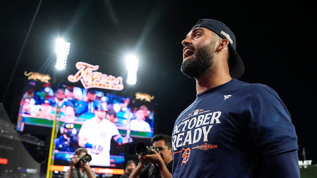 Detroit Tigers left fielder Riley Greene (31) acknowledges fans as he exits the field after 4-1 win over Chicago White Sox to clinch a wild card spot in the MLB playoff at Comerica Park in Detroit on Friday, Sept. 27, 2024.