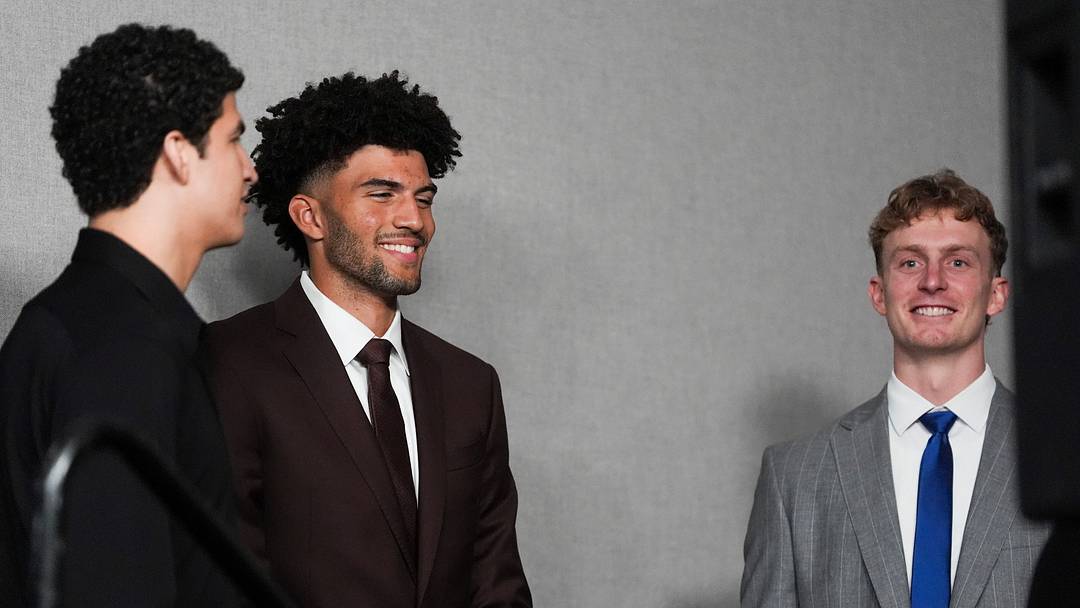 Grizzlies 2026 NBA Draft picks Karim Lopez, Cam Boozer and Richie Saunders laugh with each other after their introductory press conference at FedExForum in Memphis, Tenn., on June 25, 2026. Grizzlies 2026 NBA Draft picks Karim Lopez, Cam Boozer and Richie Saunders laugh with each other after their introductory press conference at FedExForum in Memphis, Tenn., on June 25, 2026.