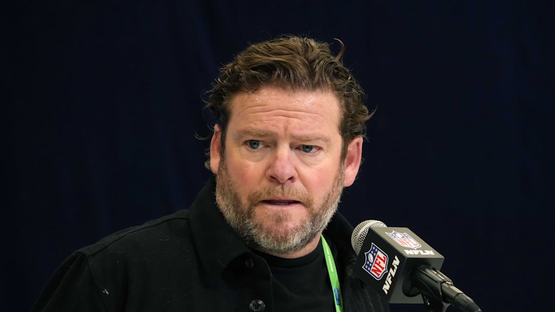 Feb 25, 2025; Indianapolis, IN, USA; Seattle Seahawks general manager John Schneider speaks during the NFL Scouting Combine at the Indiana Convention Center. 