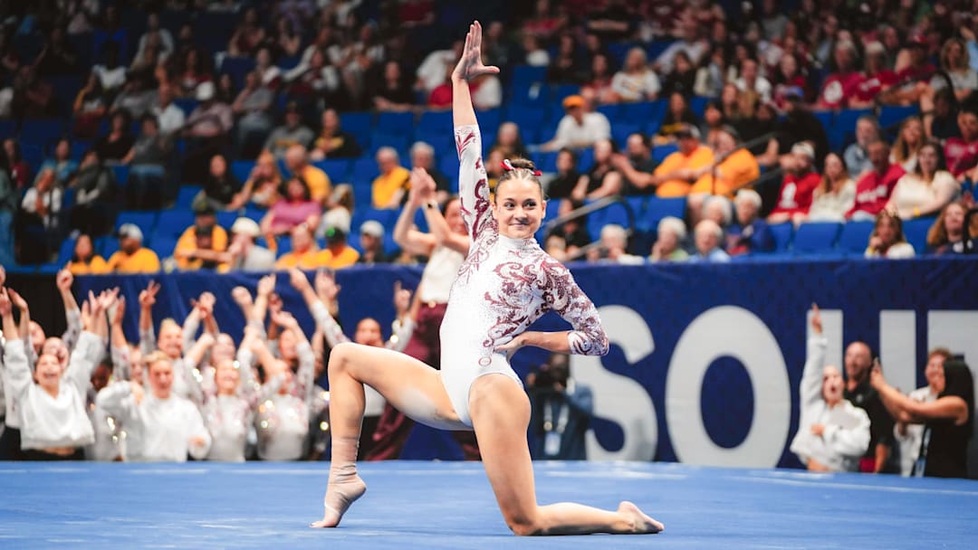 Gabby Gladieux competes on floor exercise at the 2026 SEC Championship meet in Tulsa, Oklahoma