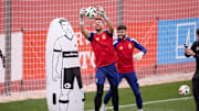 Unai Simon and David Raya of Spain warm up during the...