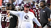 Sep 27, 2025; College Station, Texas, USA; Texas A&M Aggies head coach Mike Elko reacts against the Auburn Tigers during the fourth quarter at Kyle Field. Mandatory Credit: Maria Lysaker-Imagn Images 