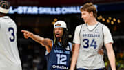 Grizzlies' Ja Morant (12) congratulates Lawson Lovering (34) after he took part in the skills challenge during open practice at the FedExForum on October 4, 2025, in Memphis, Tenn.