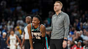 Grizzlies' Ja Morant (12) and head coach Tuomas Iisalo watch a teammate take a free throw during the home opener against the New Orleans Pelicans at FedExForum on October 22, 2025.