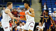 Mar 7, 2023; Greensboro, NC, USA; Virginia Tech Hokies guard Rodney Rice (1) races to his three point bucket against the Notre Dame Fighting Irish during the second half of the first round of the ACC tournament at Greensboro Coliseum. Mandatory Credit: John David Mercer-Imagn Images