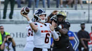 Nov 22, 2025; Orlando, Florida, USA; Oklahoma State Cowboys quarterback Zane Flores (6) throws a pass during the first quarter against the UCF Knights at Acrisure Bounce House. Mandatory Credit: Mike Watters-Imagn Images