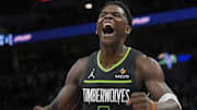 Minnesota Timberwolves guard Anthony Edwards celebrates a series of plays that extended their lead over the Orlando Magic late in the fourth quarter at Target Center in Minneapolis on March 14, 2025.