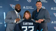 Tennessee Titans new general manager Ran Carthon poses with controlling owner Amy Adams Strunk and head coach Mike Vrabel during a press conference announcing Carthon's hiring at Ascension Saint Thomas Sports Park Friday, Jan. 20, 2023, in Nashville, Tenn.

Nas Titans Carthon 001