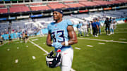 Tennessee Titans linebacker Cedric Gray (33) leaves the field after the game against the Indianapolis Colts at Nissan Stadium in Nashville, Tenn., Sunday, Sept. 21, 2025.