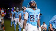 Tennessee Titans tight end Chig Okonkwo (85) is introduced before the game against the Los Angeles Rams at Nissan Stadium in Nashville, Tenn., Sunday, Sept. 14, 2025.