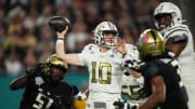 Dec 22, 2023; Tampa, FL, USA; Georgia Tech Yellow Jackets quarterback Haynes King (10). attempts a pass against the UCF Knights during the first half of the Gasparilla Bowl at Raymond James Stadium. Mandatory Credit: Jasen Vinlove-USA TODAY Sports