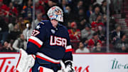 Feb 13, 2025; Montreal, Quebec, CAN; [Imagn Images direct customers only] Team USA goalie Connor Hellebuyck (37) looks up at the scoreboard against Team Finland in the second period during a 4 Nations Face-Off ice hockey game at Bell Centre. Mandatory Credit: David Kirouac-Imagn Images