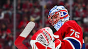 Apr 27, 2025; Montreal, Quebec, CAN; Montreal Canadiens goalie Jakub Dobes (75) looks on against the Washington Capitals during the second period in game four of the first round of the 2025 Stanley Cup Playoffs at Bell Centre. Mandatory Credit: David Kirouac-Imagn Images