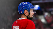 Apr 27, 2025; Montreal, Quebec, CAN; Montreal Canadiens defenseman Alexandre Carrier (45) looks on against the Washington Capitals during the second period in game four of the first round of the 2025 Stanley Cup Playoffs at Bell Centre. Mandatory Credit: David Kirouac-Imagn Images