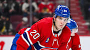 Apr 14, 2025; Montreal, Quebec, CAN; Montreal Canadiens left wing Juraj Slafkovsky (20) looks on against the Chicago Blackhawks in the third period at Bell Centre. Mandatory Credit: David Kirouac-Imagn Images