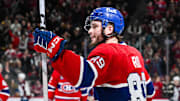 Mar 22, 2025; Montreal, Quebec, CAN; Montreal Canadiens right wing Joshua Roy (89) reacts after scoring a goal against the Colorado Avalanche in the third period at Bell Centre. Mandatory Credit: David Kirouac-Imagn Images