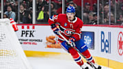 Mar 15, 2025; Montreal, Quebec, CAN; Montreal Canadiens defenseman Arber Xhekaj (72) skates with the puck near the net against the Florida Panthers in the second period at Bell Centre. Mandatory Credit: David Kirouac-Imagn Images