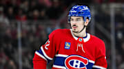 Feb 8, 2025; Montreal, Quebec, CAN; Montreal Canadiens defenseman Arber Xhekaj (72) looks on against the New Jersey Devils during the second period at Bell Centre. Mandatory Credit: David Kirouac-Imagn Images