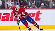 Sep 25, 2025; Montreal, Quebec, CAN; Montreal Canadiens right wing Ivan Demidov (93) plays the puck against the Toronto Maple Leafs during the third period at Bell Centre. Mandatory Credit: David Kirouac-Imagn Images