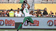 Jun 16, 2024; Hamilton, Ontario, CAN; Saskatchewan Rough Riders wide receiver Mario Alford (2) during warmups against Hamilton Tiger Cats at Tim Hortons Field. Mandatory Credit: Gerry Angus-Imagn Images