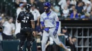 Kansas City Royals third baseman Maikel Garcia (11) celebrates as he scores against the Chicago White Sox during the eight inning at Guaranteed Rate Field on July 29.