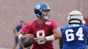 East Rutherford, NJ -- July 24, 2024 -- Quarterback, Daniel Jones during the first day of training camp for the 2024 New York Giants.