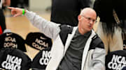 UCONN’s head men’s basketball coach Dan Hurley speaks with another coach during Nike EYBL at the Memphis Sports & Events Center on Saturday, May 17, 2025.