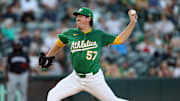 Jun 3, 2025; West Sacramento, California, USA; Athletics pitcher Jacob Lopez (57) throws a pitch against the Minnesota Twins during the third inning at Sutter Health Park. Mandatory Credit: Dennis Lee-Imagn Images